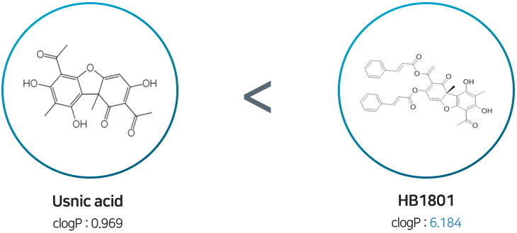 Usnic acid (clogP : 0.969) < HB1801 (clogP : 6.184)
